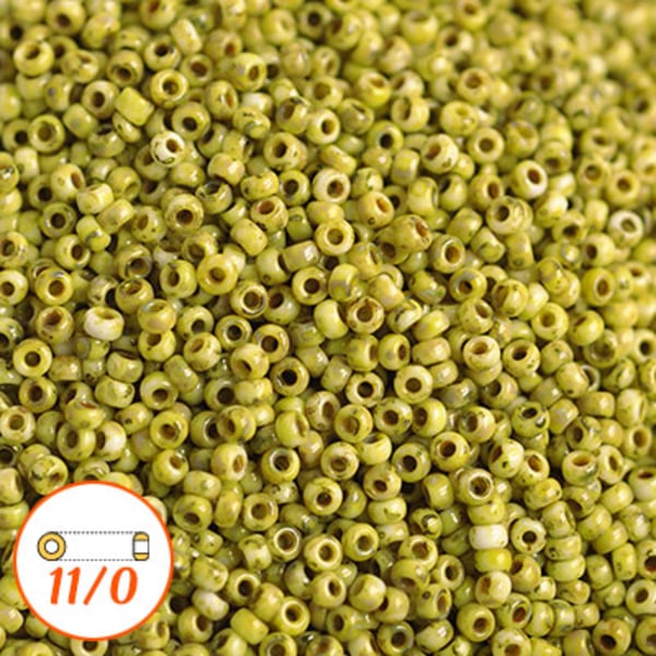 Miyuki seed beads 11/0, Picasso light olive, 10g grön