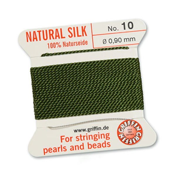Griffin 100% naturligt pärlsilke med nål, Olive/olivgrön, 2m, vä grön №6 (0,7mm)