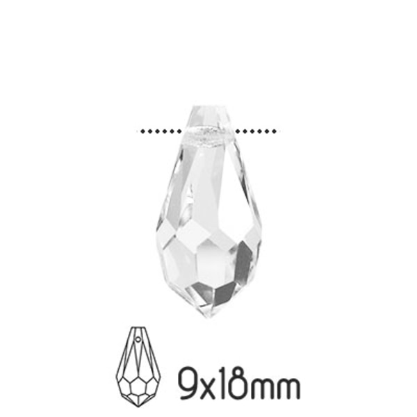 Preciosa drop pendants, 9x18mm, Crystal, 2st transparent