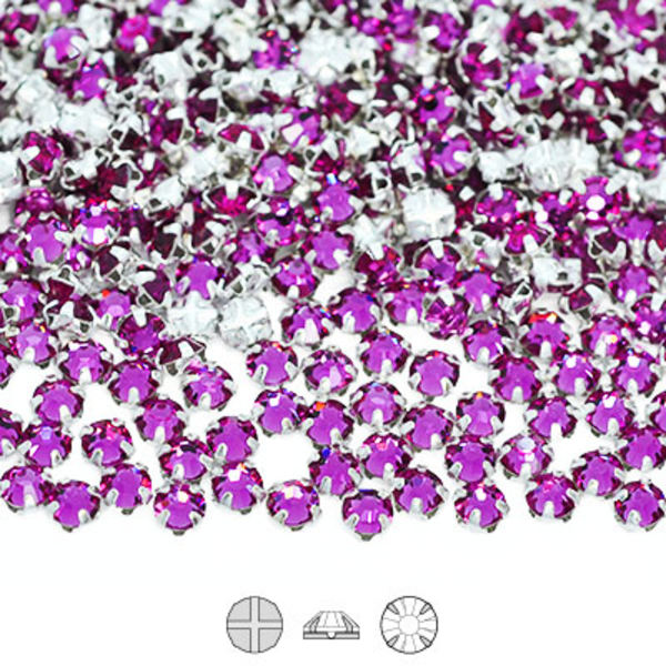 Preciosa rose montées, SS10 (ca 3mm), silver/Fuchsia, 30st rosa