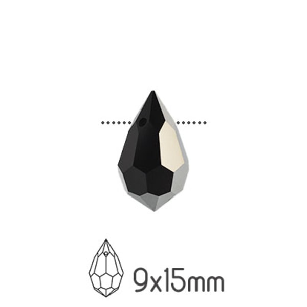 Preciosa drop pendants, 9x15mm, Jet 1/2 Hematite, 2st svart