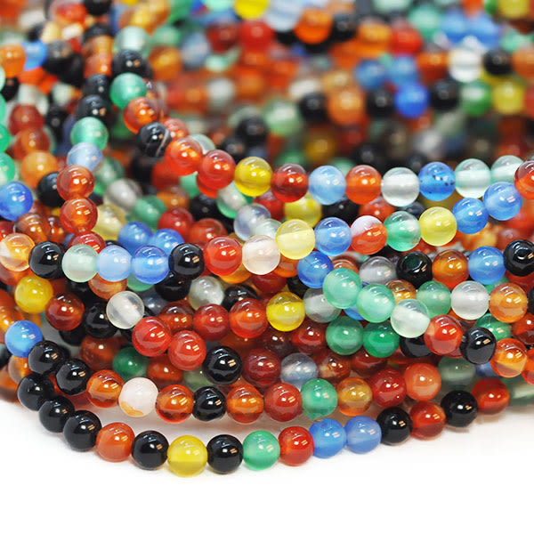 Små runda pärlor av naturlig, färgad agat, färgmix, ca 2.9-3.2mm flerfärgad