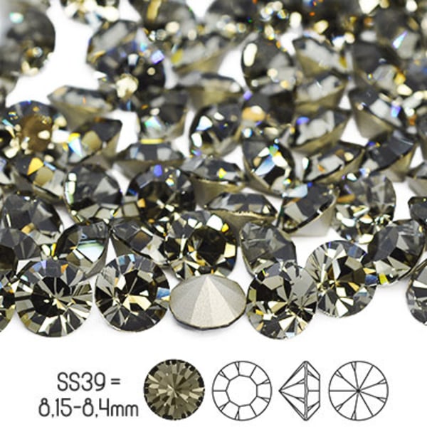 Preciosa chatons, SS39 (ca 8mm), Black Diamond, 4st grå