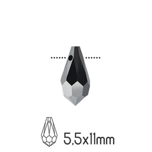 Preciosa drop pendants, 5.5x11mm, Jet 1/2 Hematite, 4st svart