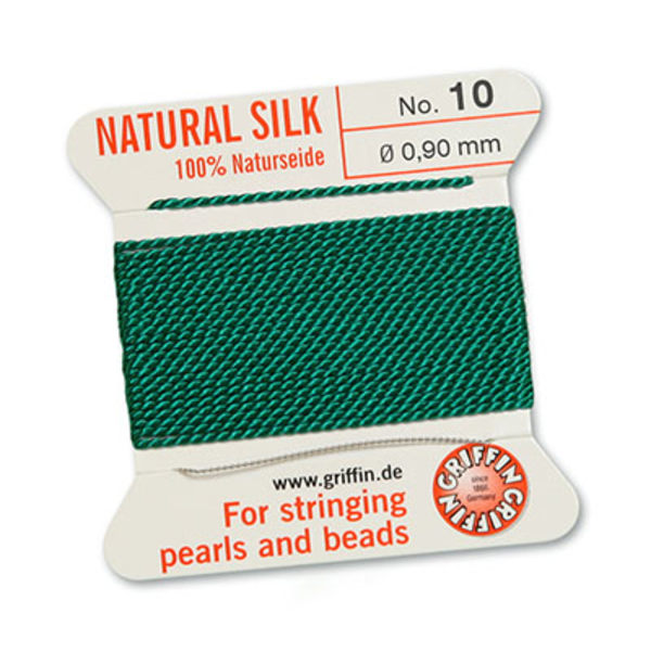 Griffin 100% naturligt pärlsilke med nål, Green/smaragdgrön, 2m, grön №10 (0,9mm)