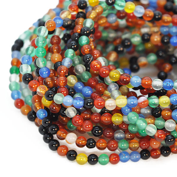 Små runda pärlor av naturlig, färgad agat, färgmix, ca 2.9-3.2mm flerfärgad