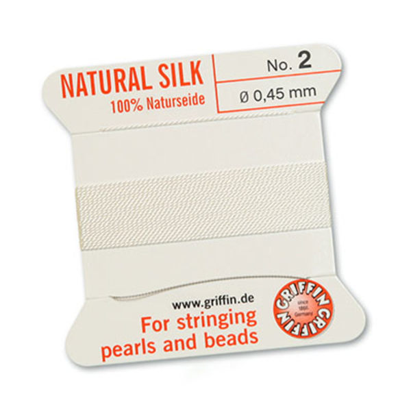 Griffin 100% naturligt pärlsilke med nål, White/naturvit, 2m, vä vit №0 (0,3mm)