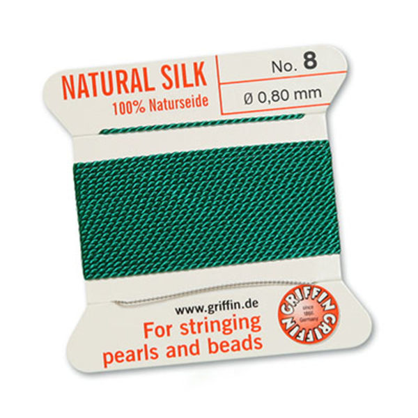Griffin 100% naturligt pärlsilke med nål, Green/smaragdgrön, 2m, grön №6 (0,7mm)
