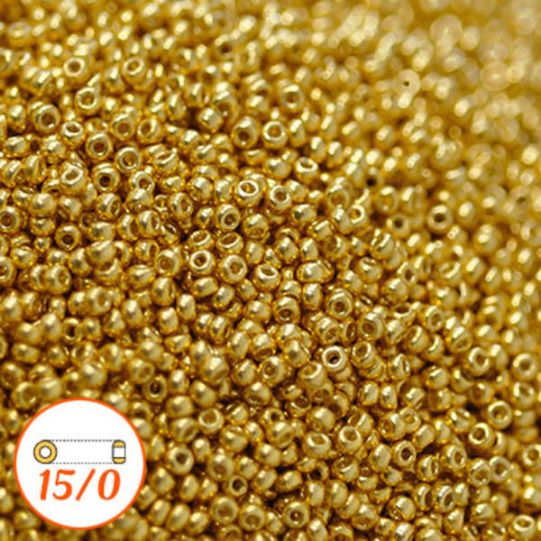 Miyuki seed beads 15/0, 24K gold-plated, OBS: 2g guld