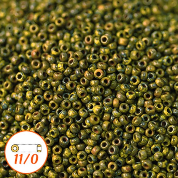 Miyuki seed beads 11/0, Picasso dark olive, 10g grön
