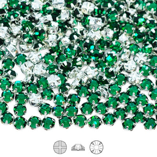 Preciosa rose montées, SS10 (ca 3mm), silver/Emerald, 30st grön
