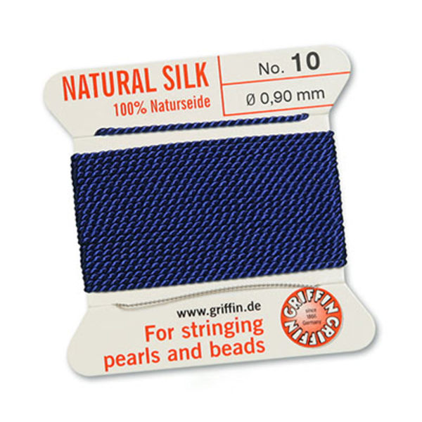 Griffin 100% naturligt pärlsilke med nål, Dark Blue/mörkblå, 2m, blå №10 (0,9mm)