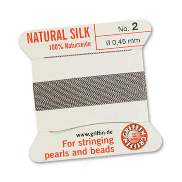 Griffin 100% naturligt pärlsilke med nål, Grey/grå, 2m, välj gro grå №4 (0,6mm)