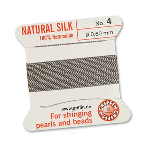 Griffin 100% naturligt pärlsilke med nål, Grey/grå, 2m, välj gro grå №8 (0,8mm)