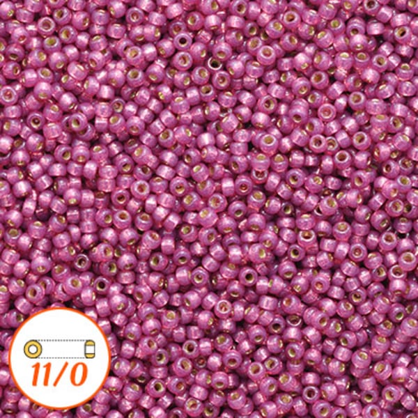 Miyuki seed beads 11/0, duracoat silver-lined peony pink, 10g rosa