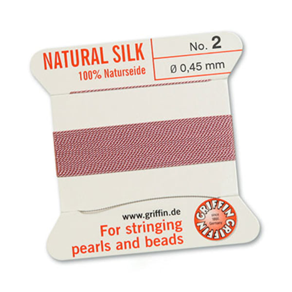 Griffin 100% naturligt pärlsilke med nål, Dark Pink/mörkrosa, 2m rosa №4 (0,6mm)