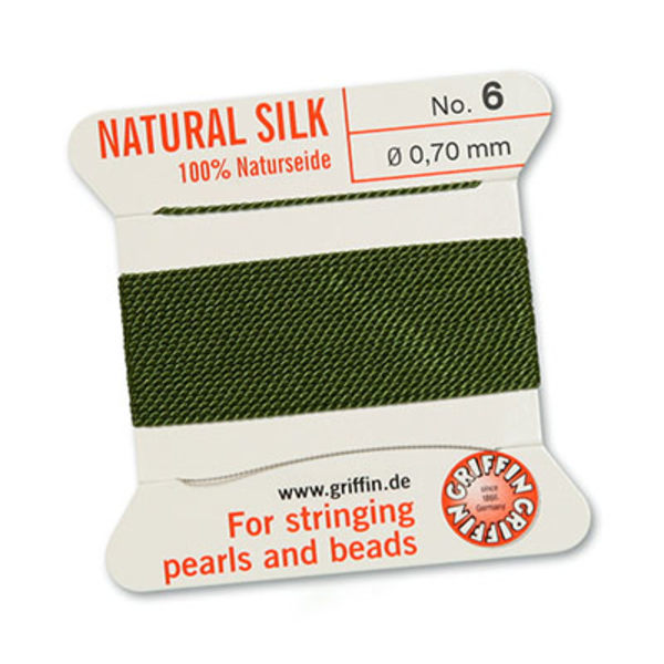 Griffin 100% naturligt pärlsilke med nål, Olive/olivgrön, 2m, vä grön №10 (0,9mm)