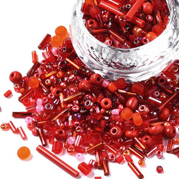 Mix av seed beads och stavpärlor, röd/orange, 20g röd