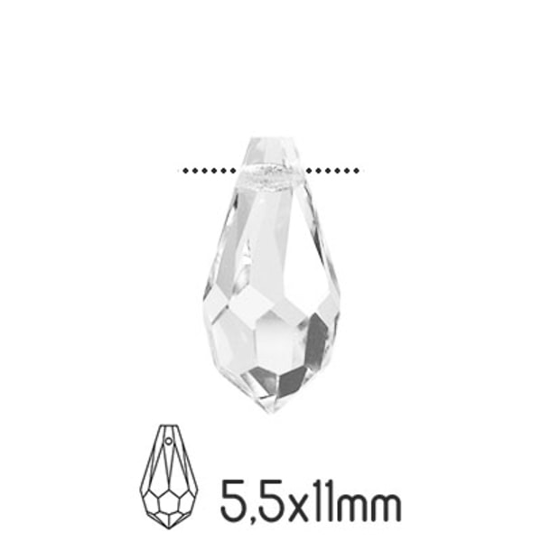 Preciosa drop pendants, 5.5x11mm, Crystal, 4st transparent