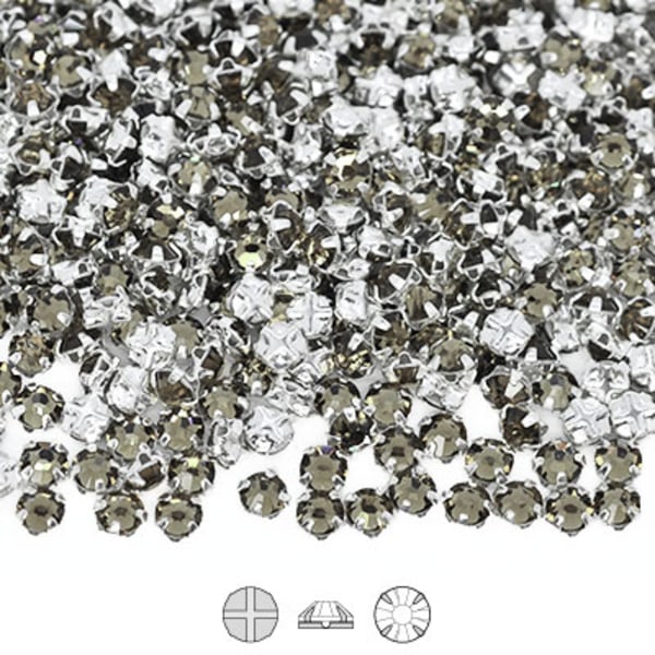 Preciosa rose montées, SS10 (ca 3mm), silver/Black Diamond, 30st grå