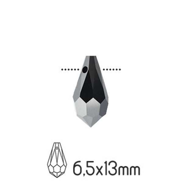 Preciosa drop pendants, 6.5x13mm, Jet 1/2 Hematite, 4st