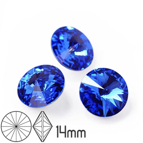 Preciosa rivoli kristaller, 14mm, Sapphire, 1st blå