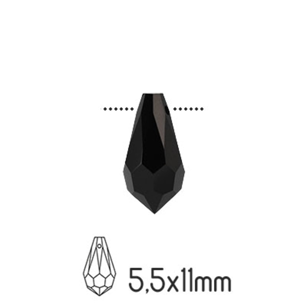 Preciosa drop pendants, 5.5x11mm, Jet, 4st svart