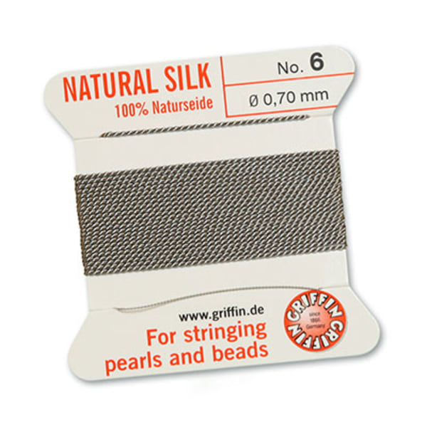 Griffin 100% naturligt pärlsilke med nål, Grey/grå, 2m, välj gro grå №4 (0,6mm)