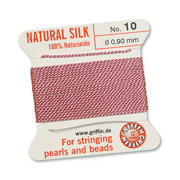 Griffin 100% naturligt pärlsilke med nål, Dark Pink/mörkrosa, 2m rosa №10 (0,9mm)