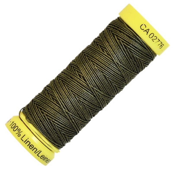 100% lintråd från Gütermann, ca 0.25-0.3mm grov, mörk khaki, 50m grön