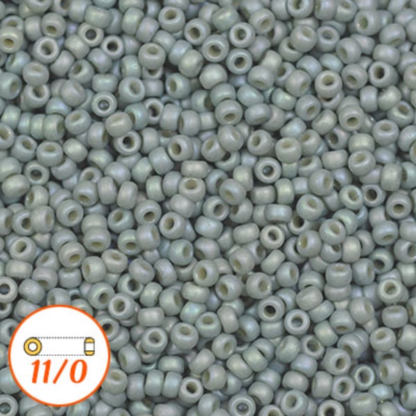 Miyuki seed beads 11/0, matte glazed opaque grey AB, 10g grå