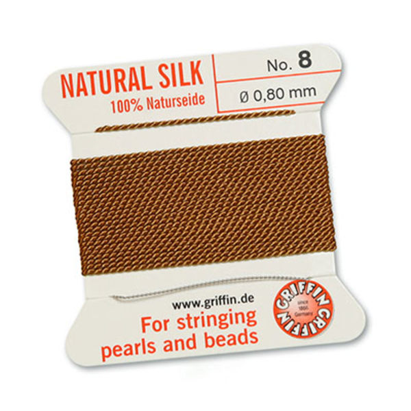 Griffin 100% naturligt pärlsilke med nål, Cornelian/brun, 2m, vä brun №2 (0,45mm)