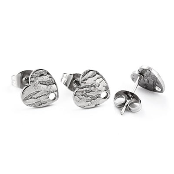 Öronstift av kirurgiskt stål, 9mm texturerat hjärta med hål, 1 p silver