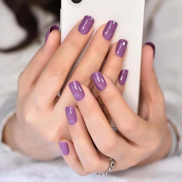 Solid Grape Purple Press On Fake Nails Square Medium False Nails Mirror Glossy Pure Color Stick on Nails Manicure Art Tips Daily Women 24pcs/Set