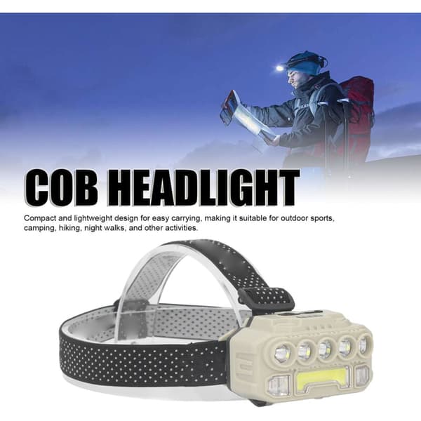 COB LED Hodelykt Utendørs Camping Hodelykt med Justerbart Hodebånd Lett Hodelykt Batteriindikator Bevegelsessensor 1200MAH, DUBUNS