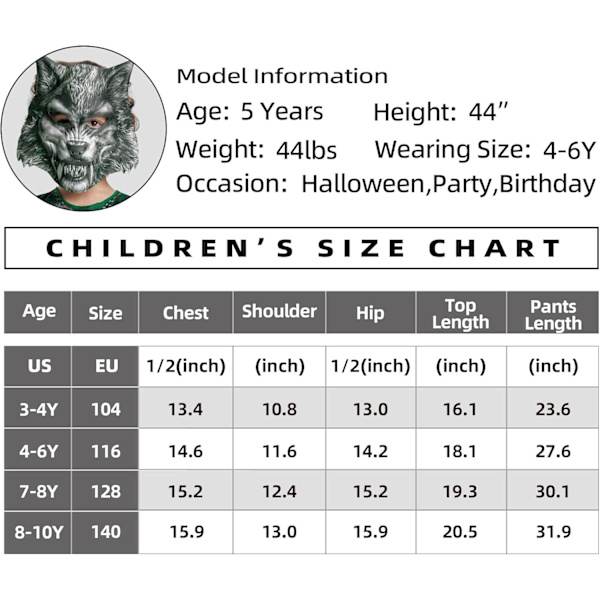 Halloween-susien asut lapsille - Poikien fantasia-asut, metsäsotilaan naamioasut pojille ja tytöille, 3-10 vuotta varg 7-8 anni