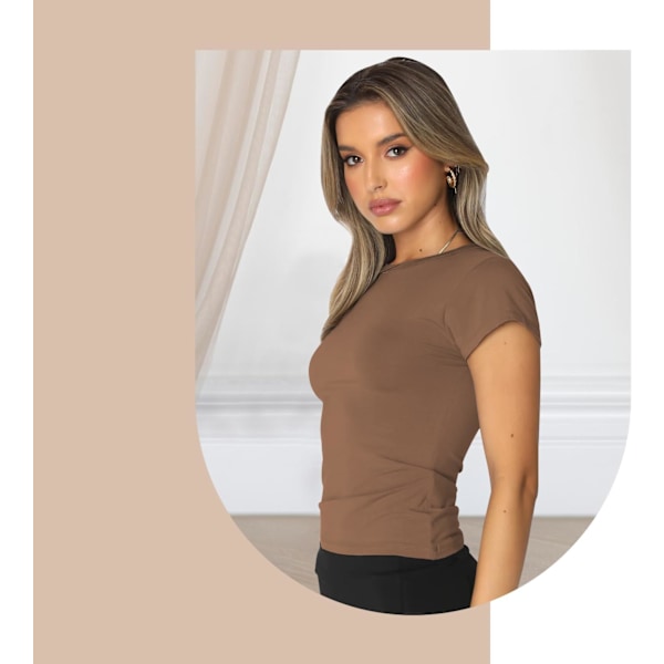 Basic slim fit t-shirt för kvinnor, skims Y2K topp dupe, crop tops kvinnor, magfri topp kvinnor, basic crop tops casual atletisk topp tonåring streetwear, Y2K skjorta BRUN L