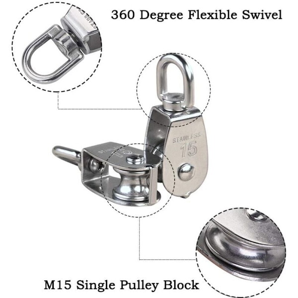 M15 304 Rustfrit Stål Enkelt Trisse, 15MM Enkelt Trisse Blok Rulle, Kran Drejekrog Glat Wire Reb Kabel Belastning 35 kg (12 stk)..DEBUNS