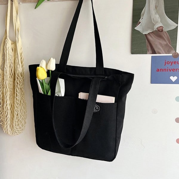Kvinde Canvas Tote Taske Dame Casual Håndtaske Skuldertaske Hvid