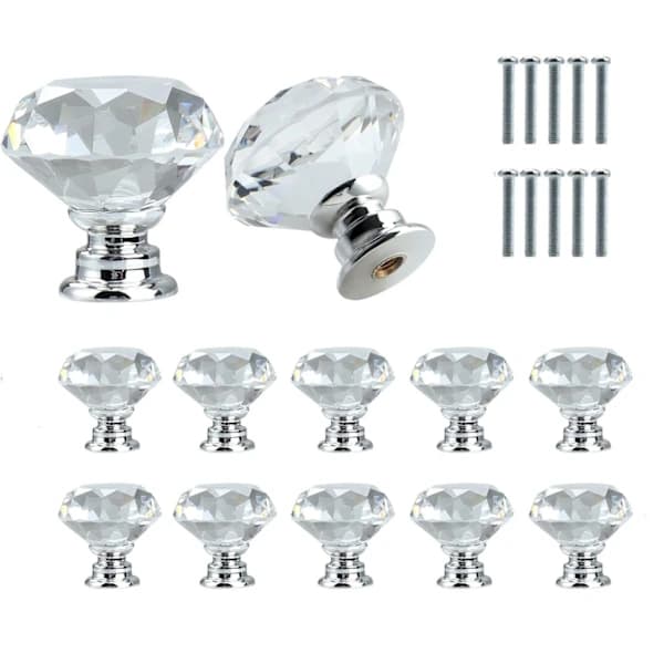Crystal Knobs 10 pcs – Diamond Shaped Glass Knobs Transparent/Silver, Cabinet Handles Drawer Handles with Screws for Cabinets