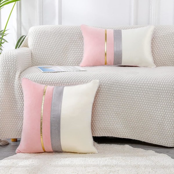 IC Patchwork rosa sidenliknande kuddfodral i överdrag med guldrandigt fodral Modernt lyxigt fyrkantigt örngott, 20x20 tum