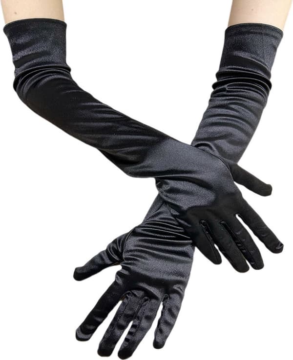 Lange satin aftenhandsker, sort, 55 cm, til kostume, festival og dans