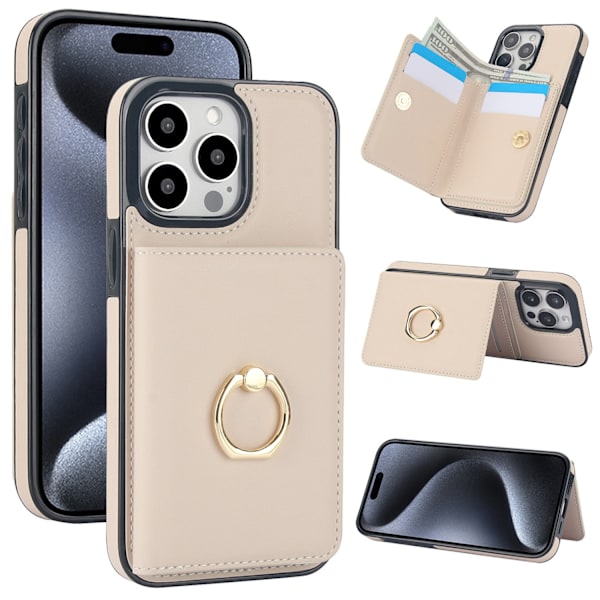Fodral för iPhone15 beige vit kortplats ring plånbok ve läder