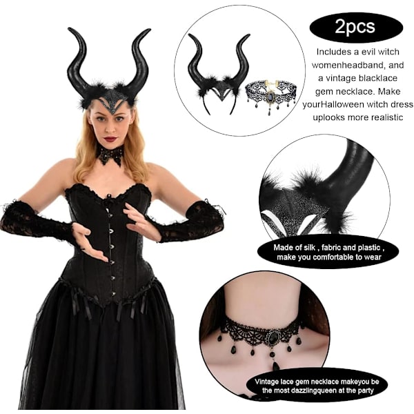 Justerbar Gothic Horn Pandebånd og Blonder Hals Wicked Witch Kostume Cosplay Tilbehør til Kvinder-1