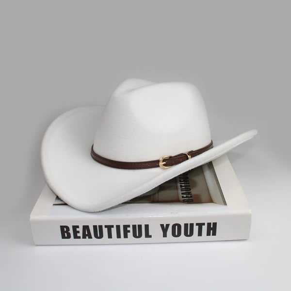 Retro kaffeläderband Förälder barn Kvinnor Män Barn Barn Ull Bred brätte Cowboy Western Hatt Cowgirl Cap 54 57 61cm VIT