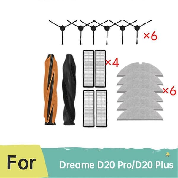 Erstatningstilbehørssett for Dreame D20 Pro/D20 Plus robotstøvsuger tilbehør Hovedsidebørster Filtre Moppeklut