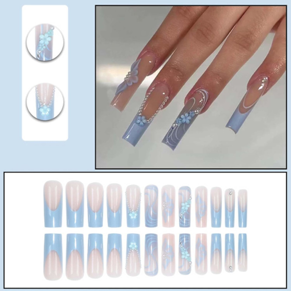 Luksus 3D Daisy Perler Tryk på Negle Gradient Falske Negle Franske Negle Tips Fuld Dækning Lange Firkantede Falske Negle til Kvinder og Piger 24Pcs, Nude