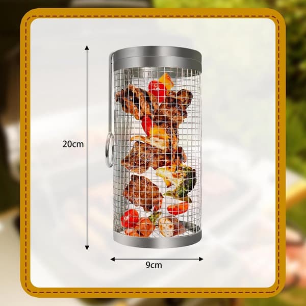 2 stk. rullende BBQ-kurv i rustfrit stål - cylindrisk, til grill, camping, til kød, fisk, grøntsager