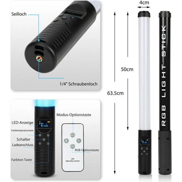 LED-valokuvausvalo Videovalo-tikku 2700K/6500K/RGB-väri 10 Kirkas Kaukosäädin Musta