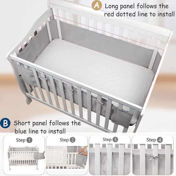 Babysängsskydd, 4-sidig hopfällbar spjälsäng, babysängsskydd, 3D andningsbart nät, för att skydda barn och dekorera spjälsängen Five-pointed star on white sides